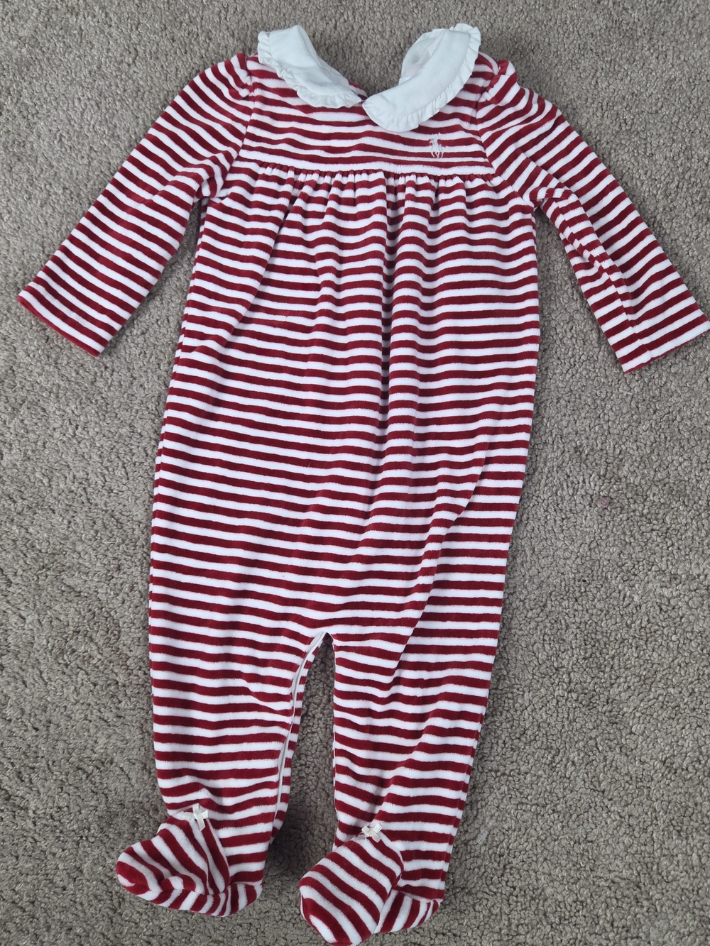 Striped Red & White Footed One-Piece for Kids with Ruffle Collar